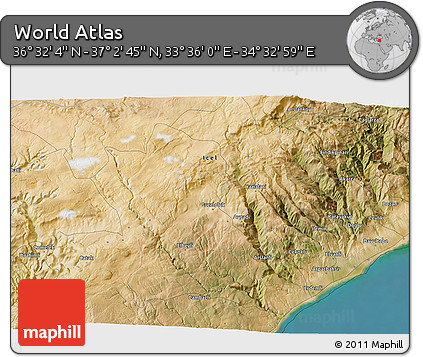 Satellite 3D Map of the Area around 36° 47' 25" N, 34° 4' 30" E