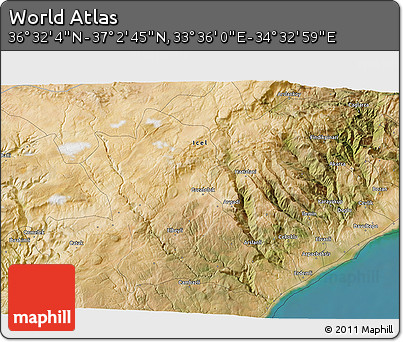 Satellite 3D Map of the Area around 36° 47' 25" N, 34° 4' 30" E