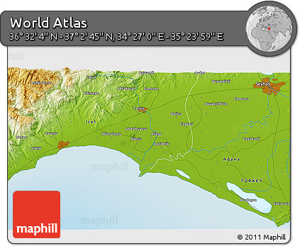 Physical 3D Map of the Area around 36° 47' 25" N, 34° 55' 29" E
