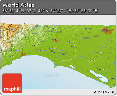 Physical 3D Map of the Area around 36° 47' 25" N, 34° 55' 29" E