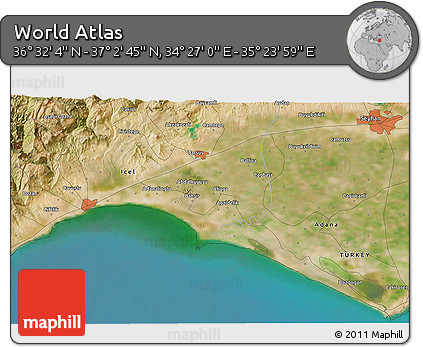 Satellite 3D Map of the Area around 36° 47' 25" N, 34° 55' 29" E