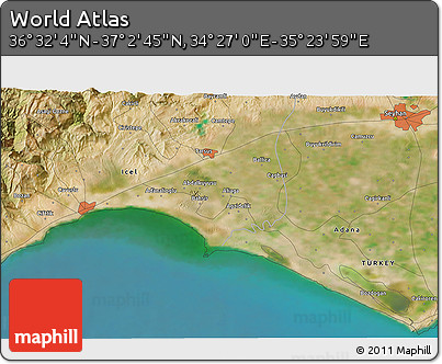 Satellite 3D Map of the Area around 36° 47' 25" N, 34° 55' 29" E