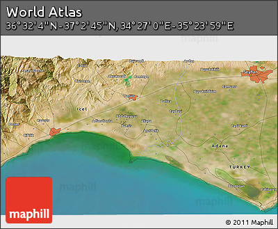 Satellite 3D Map of the Area around 36° 47' 25" N, 34° 55' 29" E