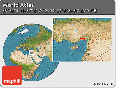 Satellite Location Map of the Area around 36° 47' 25" N, 34° 55' 29" E