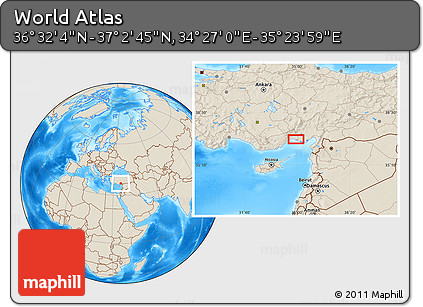Shaded Relief Location Map of the Area around 36° 47' 25" N, 34° 55' 29" E