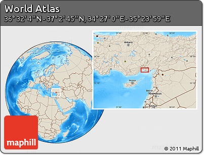 Shaded Relief Location Map of the Area around 36° 47' 25" N, 34° 55' 29" E