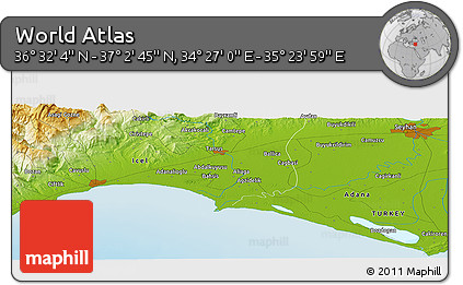Physical Panoramic Map of the Area around 36° 47' 25" N, 34° 55' 29" E