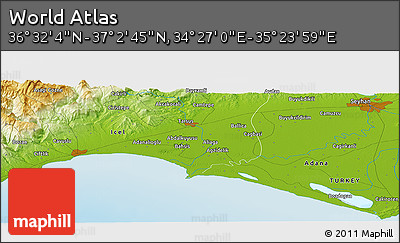 Physical Panoramic Map of the Area around 36° 47' 25" N, 34° 55' 29" E