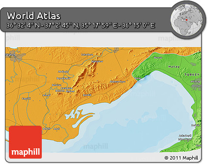 Political 3D Map of the Area around 36° 47' 25" N, 35° 46' 29" E