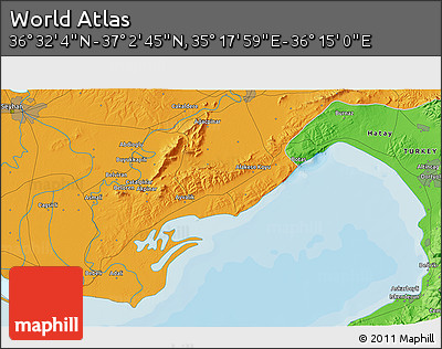 Political 3D Map of the Area around 36° 47' 25" N, 35° 46' 29" E
