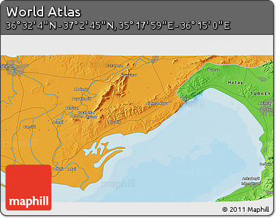 Political 3D Map of the Area around 36° 47' 25" N, 35° 46' 29" E