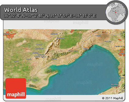 Satellite 3D Map of the Area around 36° 47' 25" N, 35° 46' 29" E