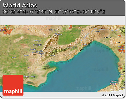 Satellite 3D Map of the Area around 36° 47' 25" N, 35° 46' 29" E
