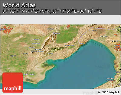 Satellite 3D Map of the Area around 36° 47' 25" N, 35° 46' 29" E