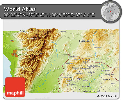 Physical 3D Map of the Area around 36° 47' 25" N, 36° 37' 30" E