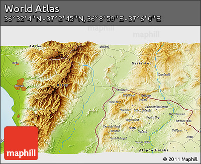 Physical 3D Map of the Area around 36° 47' 25" N, 36° 37' 30" E