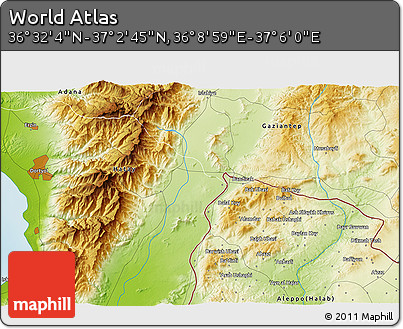 Physical 3D Map of the Area around 36° 47' 25" N, 36° 37' 30" E