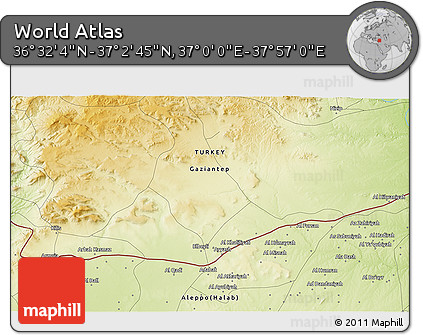 Physical 3D Map of the Area around 36° 47' 25" N, 37° 28' 30" E