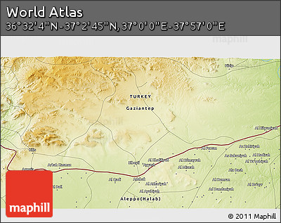 Physical 3D Map of the Area around 36° 47' 25" N, 37° 28' 30" E