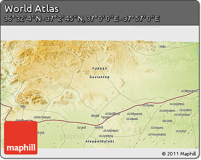 Physical 3D Map of the Area around 36° 47' 25" N, 37° 28' 30" E