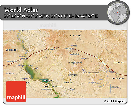 Satellite 3D Map of the Area around 36° 47' 25" N, 38° 19' 30" E