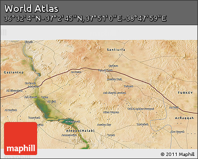 Satellite 3D Map of the Area around 36° 47' 25" N, 38° 19' 30" E
