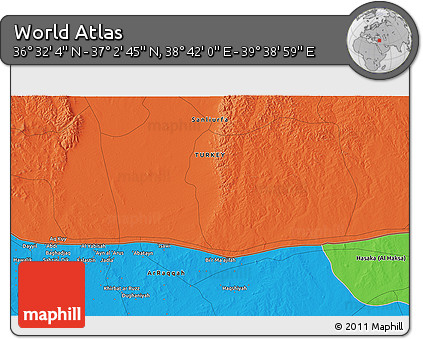 Political 3D Map of the Area around 36° 47' 25" N, 39° 10' 29" E