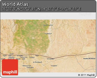 Satellite 3D Map of the Area around 36° 47' 25" N, 39° 10' 29" E