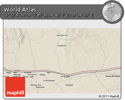 Shaded Relief 3D Map of the Area around 36° 47' 25" N, 39° 10' 29" E