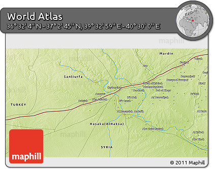 Physical 3D Map of the Area around 36° 47' 25" N, 40° 1' 29" E