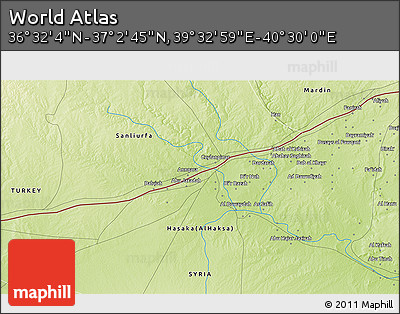 Physical 3D Map of the Area around 36° 47' 25" N, 40° 1' 29" E