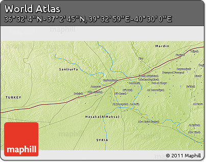 Physical 3D Map of the Area around 36° 47' 25" N, 40° 1' 29" E