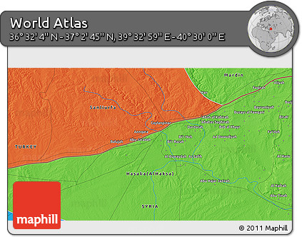 Political 3D Map of the Area around 36° 47' 25" N, 40° 1' 29" E