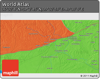 Political 3D Map of the Area around 36° 47' 25" N, 40° 1' 29" E