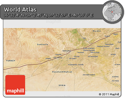 Satellite 3D Map of the Area around 36° 47' 25" N, 40° 1' 29" E