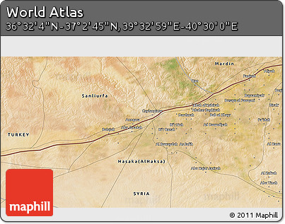 Satellite 3D Map of the Area around 36° 47' 25" N, 40° 1' 29" E