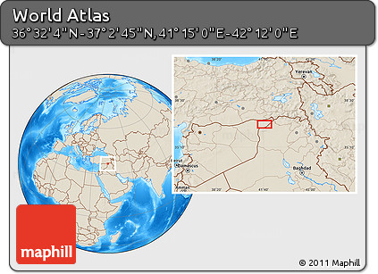 Shaded Relief Location Map of the Area around 36° 47' 25" N, 41° 43' 30" E