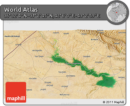 Satellite 3D Map of the Area around 36° 47' 25" N, 42° 34' 30" E