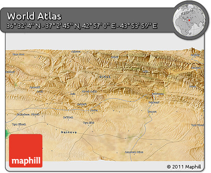 Satellite 3D Map of the Area around 36° 47' 25" N, 43° 25' 29" E