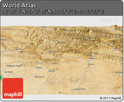 Satellite 3D Map of the Area around 36° 47' 25" N, 43° 25' 29" E