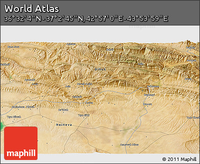 Satellite 3D Map of the Area around 36° 47' 25" N, 43° 25' 29" E