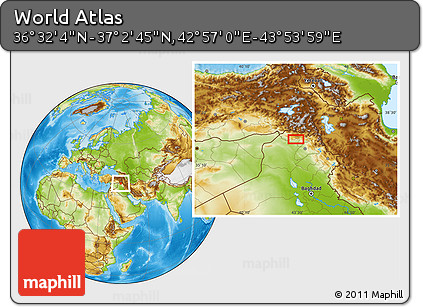 Physical Location Map of the Area around 36° 47' 25" N, 43° 25' 29" E