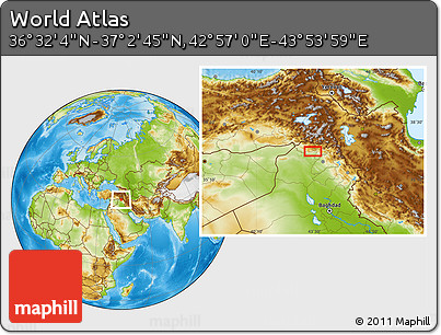 Physical Location Map of the Area around 36° 47' 25" N, 43° 25' 29" E