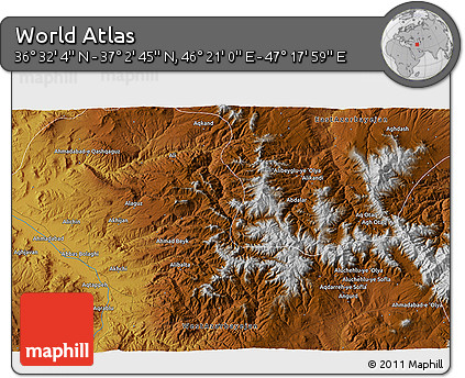 Physical 3D Map of the Area around 36° 47' 25" N, 46° 49' 30" E