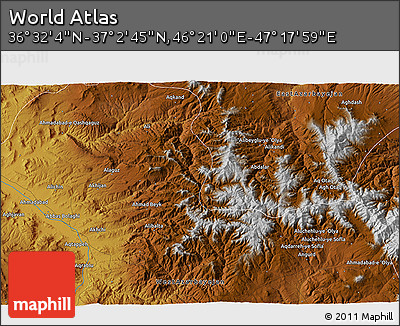 Physical 3D Map of the Area around 36° 47' 25" N, 46° 49' 30" E