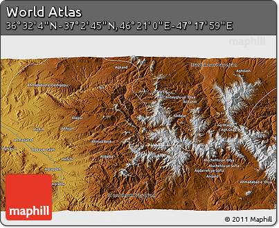 Physical 3D Map of the Area around 36° 47' 25" N, 46° 49' 30" E