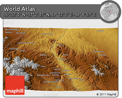 Physical 3D Map of the Area around 36° 47' 25" N, 47° 40' 29" E