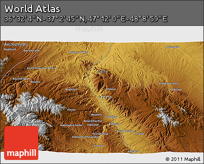 Physical 3D Map of the Area around 36° 47' 25" N, 47° 40' 29" E