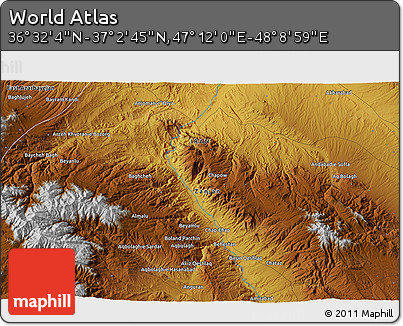 Physical 3D Map of the Area around 36° 47' 25" N, 47° 40' 29" E