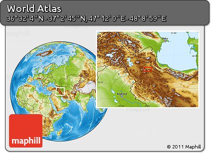 Physical Location Map of the Area around 36° 47' 25" N, 47° 40' 29" E